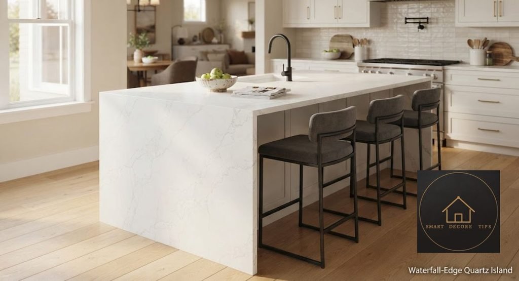 What Countertops Are in Style in 2026? quartz waterfall edge kitchen island