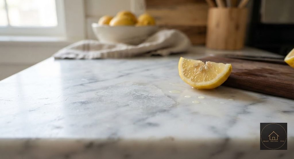 White Marble Kitchen: Real Costs, Stains & Etching (2026) etch mark on white marble kitchen countertop from lemon juice