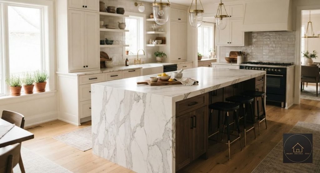 White Marble Kitchen: Real Costs, Stains & Etching (2026) white marble kitchen island with waterfall edge