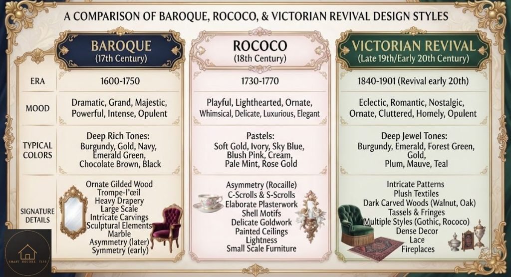 Ornate Styles: Baroque, Rococo or Victorian, and How Much to Use Three-column chart comparing Baroque, Rococo and Victorian revival by era, mood, typical colors and signature details.