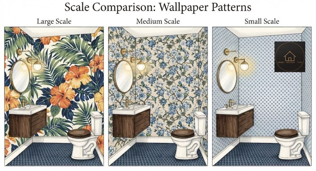 Bold Wallpaper in a Powder Room: Pick the Print, Edit the Rest Three illustrations of a powder room showing a large print, a medium print and a small repeat on the same walls.