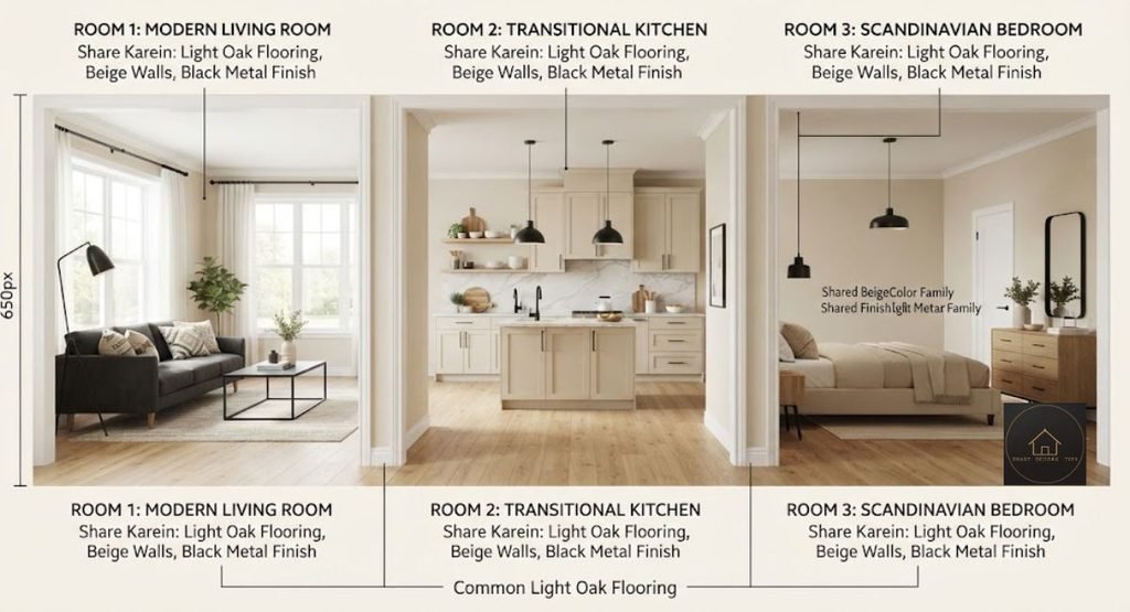 Diagram of three rooms linked by shared flooring, color family and hardware finish