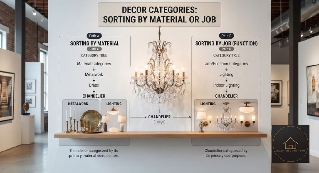 Diagram showing a chandelier filed under metalwork when sorted by material and under lighting when sorted by job.