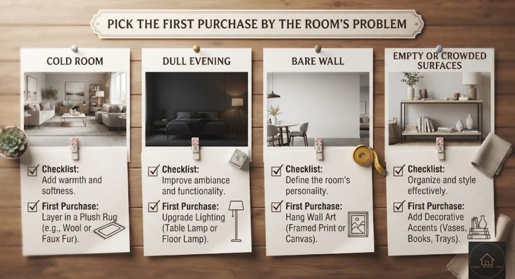 Checklist matching four room problems to the decor type to add first: cold room, dull evening, bare wall, and empty or crowded surfaces.