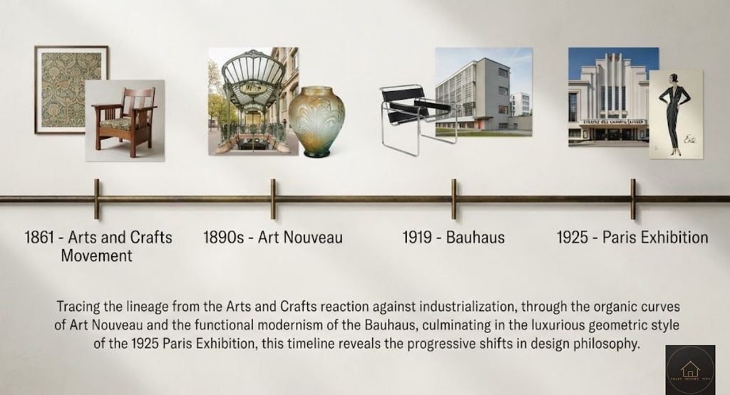 Horizontal timeline with four markers: Arts and Crafts 1861, Art Nouveau 1890s, Bauhaus 1919 and a Paris exhibition in 1925