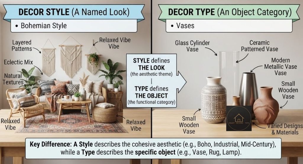 Two-column chart comparing a decor style, which is a named look, with a decor type, which is a kind of object.
