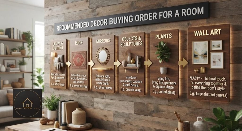 Flow chart of the order to add decor types to a room, from lamps and soft textiles to rugs, mirrors, objects, plants and wall art last.