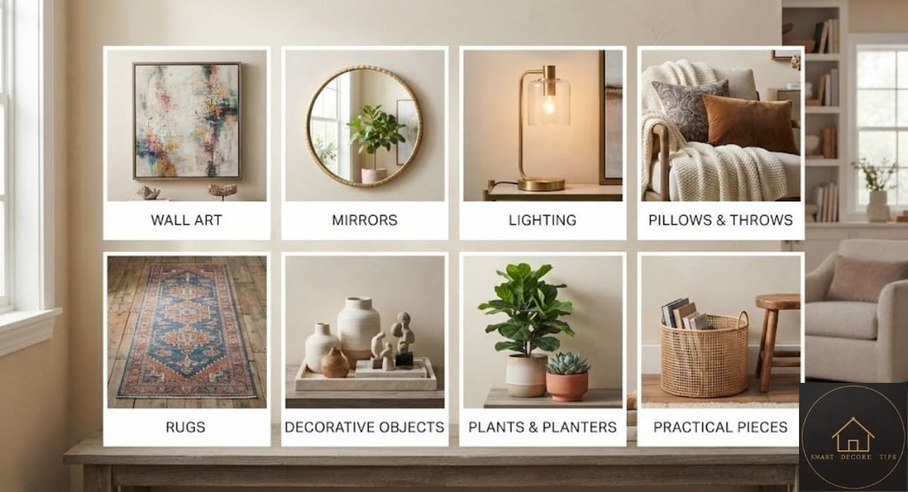 Eight home decor types in a grid: wall art, mirrors, lighting, pillows and throws, rugs, decorative objects, plants and planters, and practical pieces.
