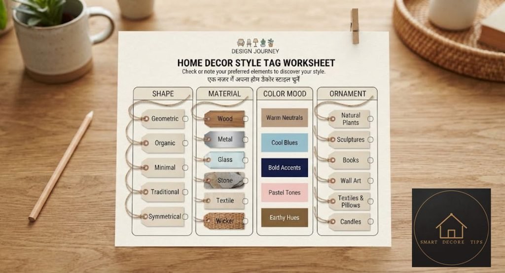 Four-column worksheet for finding your home decor style, with columns for shape, material, color mood and ornament