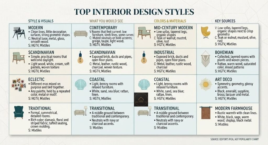 Home Decor Styles: Names, Examples & How to Decorate Each Chart listing 12 home decor styles with typical colors and materials for each