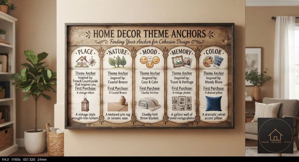 Home Decor Themes: How to Pick One That Isn't a Costume Chart of five theme anchors: place, nature, mood, memory and color, each with a first purchase