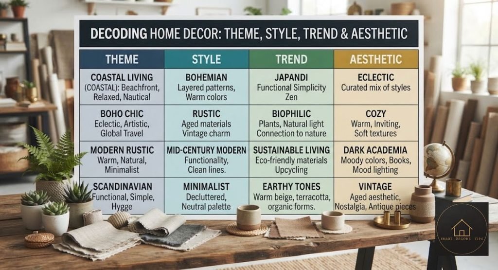Home Decor Themes: How to Pick One That Isn't a Costume Four-row table defining a theme, a style, a trend and an aesthetic in plain words