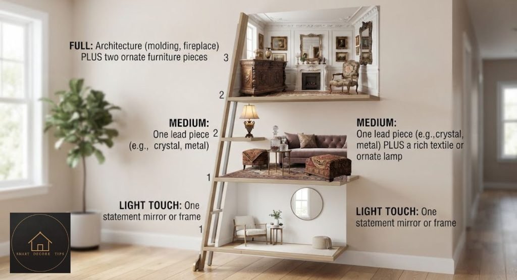 Ornate Styles: Baroque, Rococo or Victorian, and How Much to Use Three-level diagram showing how much ornament a room can hold: light touch with one mirror or frame, medium with one lead piece plus a rich textile or ornate lamp, and full with architecture plus two ornate furniture pieces.