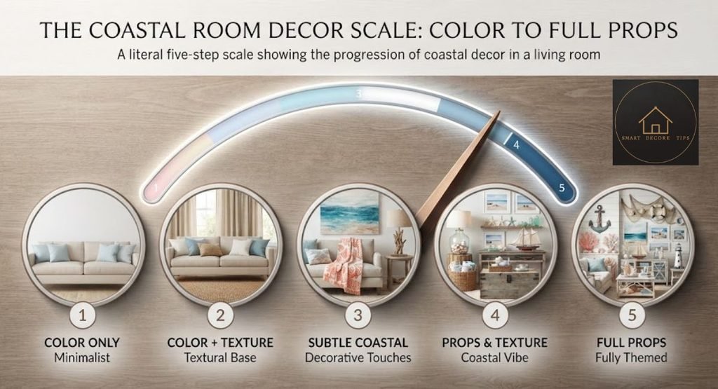 Home Decor Themes: How to Pick One That Isn't a Costume Five-step scale from color only to full props, using a coastal room as the example