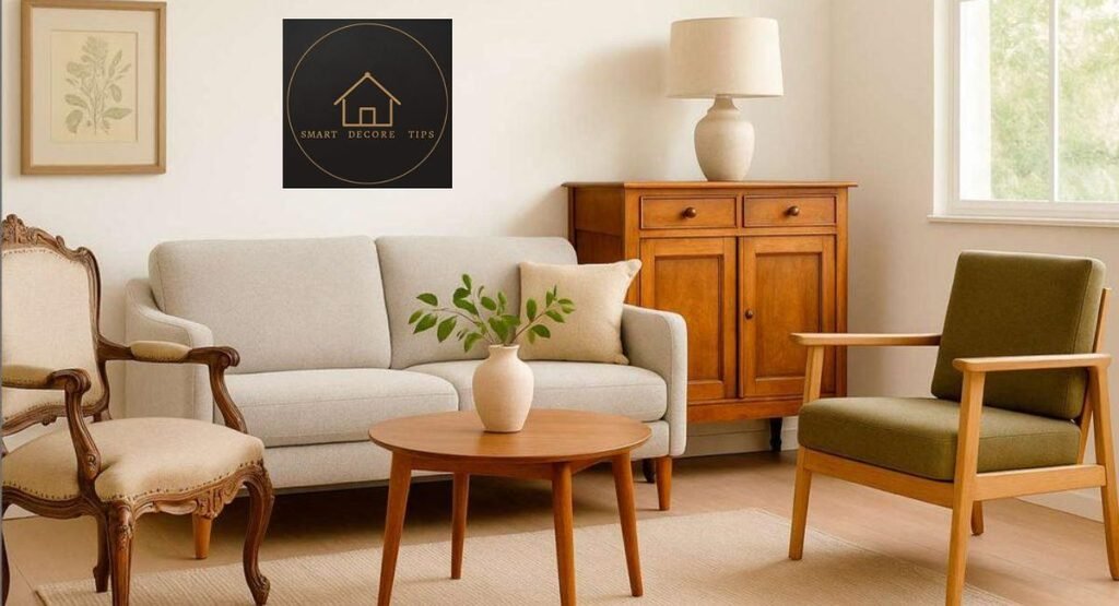 Living room with a contemporary sofa, vintage accent chair, and wooden side table.