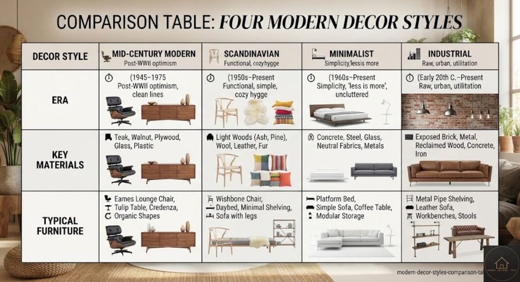 Modern Interior Styles: What Really Counts as Modern, and Which Branch to Pick Table comparing four modern decor styles by era, materials and typical furniture pieces