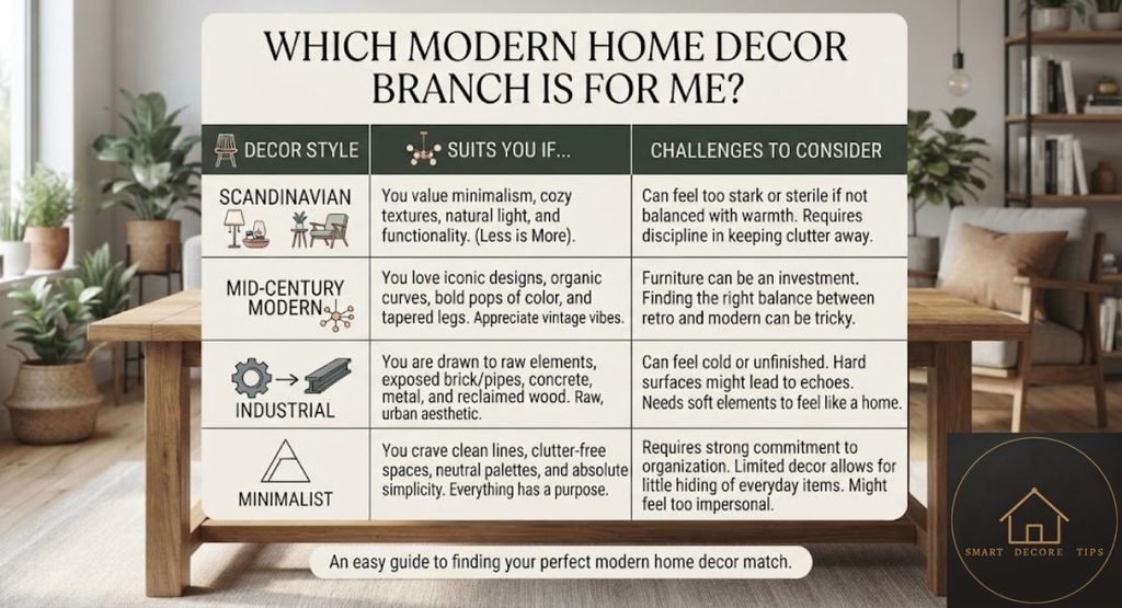 Modern Interior Styles: What Really Counts as Modern, and Which Branch to Pick Table matching four modern home decor styles to what each suits and what to watch out for