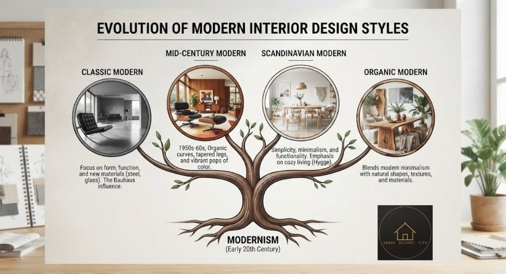 Modern Interior Styles: What Really Counts as Modern, and Which Branch to Pick Diagram of four types of modern interior design branching from modernism: classic modern, mid-century modern, Scandinavian modern and organic modern