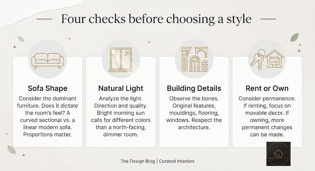 Home Decor Styles: Names, Examples & How to Decorate Each Four-item checklist covering sofa shape, light, building details and rent or own