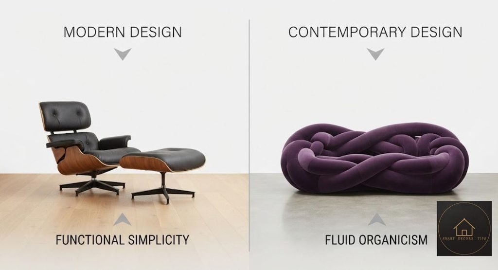 Home Decor Styles: Names, Examples & How to Decorate Each Two-column diagram separating modern from contemporary by era and ornament