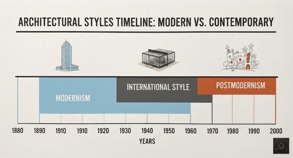 Modern Interior Styles: What Really Counts as Modern, and Which Branch to Pick Timeline bar chart showing modernism from about 1890 to 1950, the International Style from about 1920 to 1970, and postmodernism rising in the late 1970s