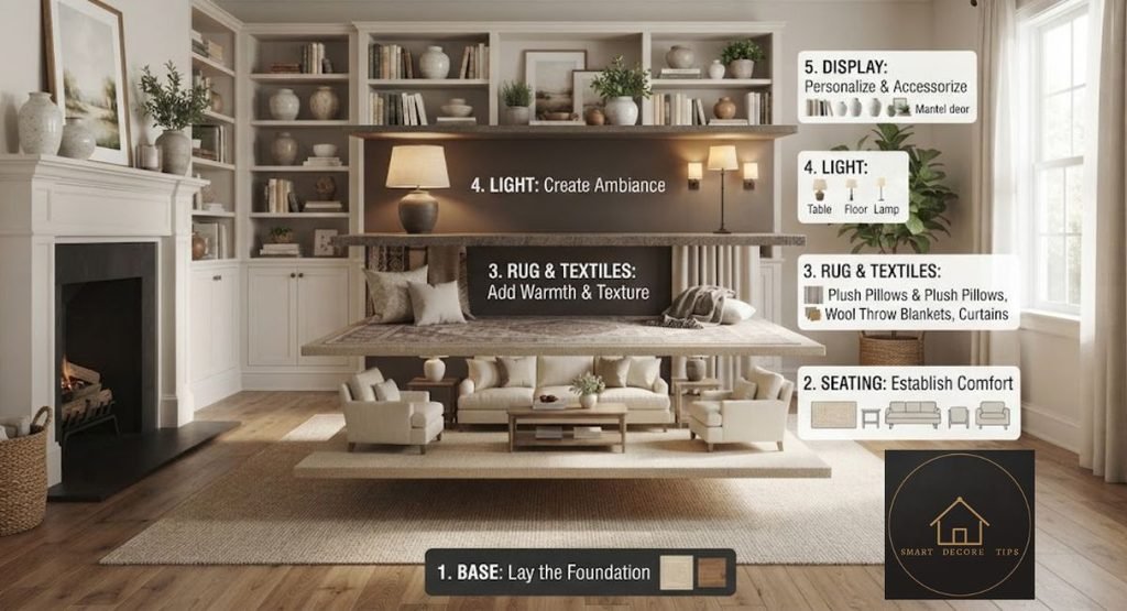 Five-step stack showing the order to build the Nancy Meyers look: base, seating, rug and textiles, light, display.
