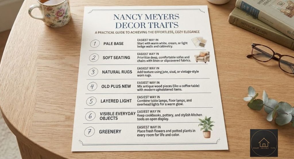 Checklist of seven Nancy Meyers decor traits: pale base, soft seating, natural rugs, old plus new, layered light, visible everyday objects, and greenery.