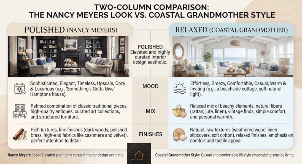 Two-column comparison of the Nancy Meyers look and coastal grandmother style by mood, mix and finishes.