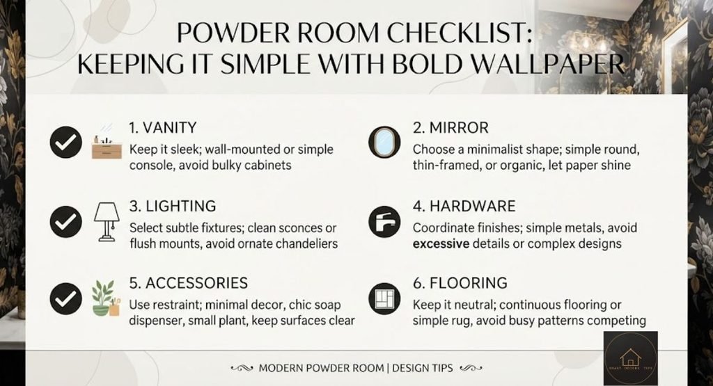 Bold Wallpaper in a Powder Room: Pick the Print, Edit the Rest Checklist graphic listing six things to keep simple in a powder room with bold wallpaper.
