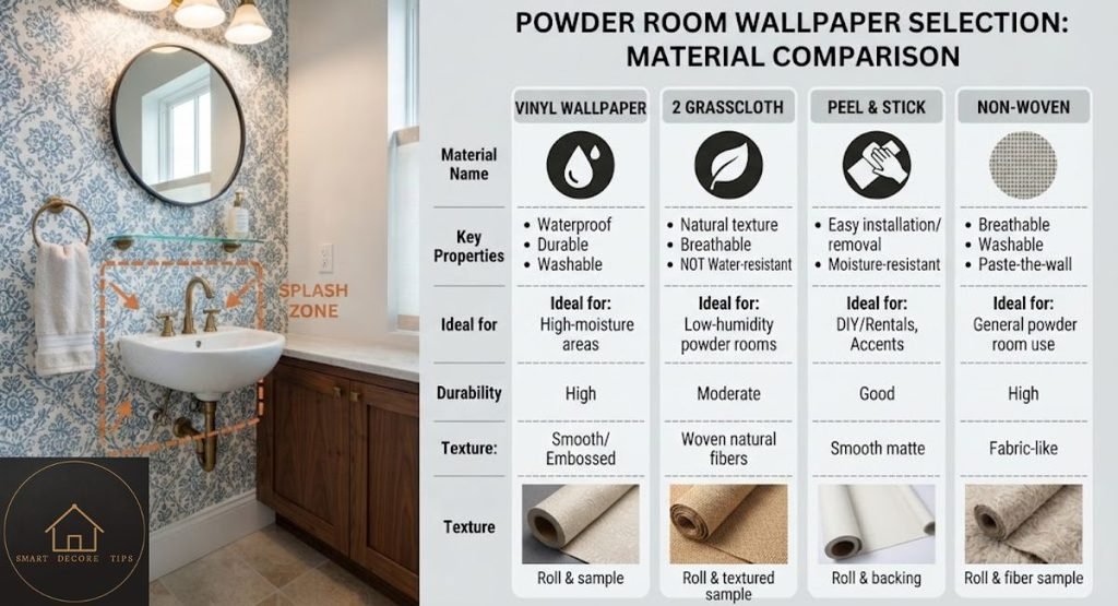 Bold Wallpaper in a Powder Room: Pick the Print, Edit the Rest Diagram of a small powder room wall with a splash zone around the sink and four wallpaper material types listed beside it.