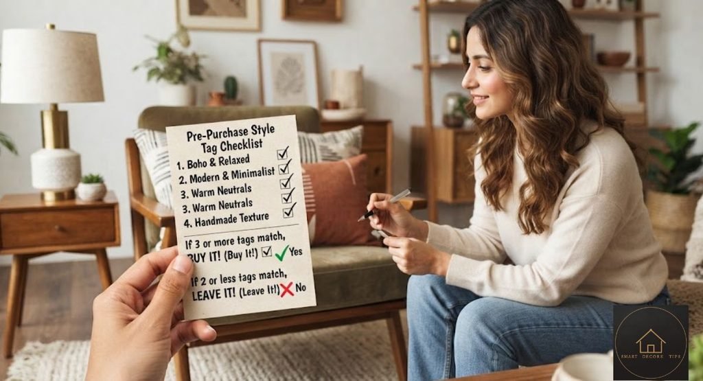 Pre-purchase checklist asking whether a piece matches at least three of your four winning style tags, with yes and no outcomes