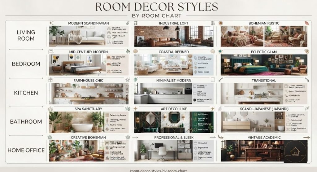 Chart matching five rooms to decor styles that suit each room’s job